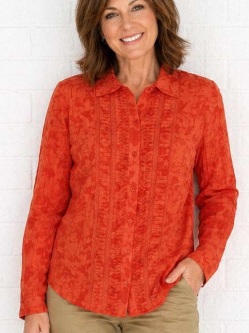 CHICO'S 2 L  12 14 Tangerine Floral Tucked Detail Lightweight Button Front Shirt